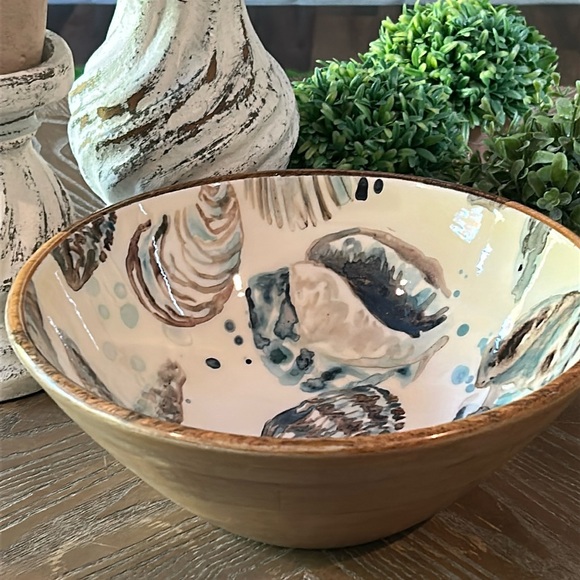 Dining | New Coastal Beach Seashell Large Wood Enamel Serving Bowl ...